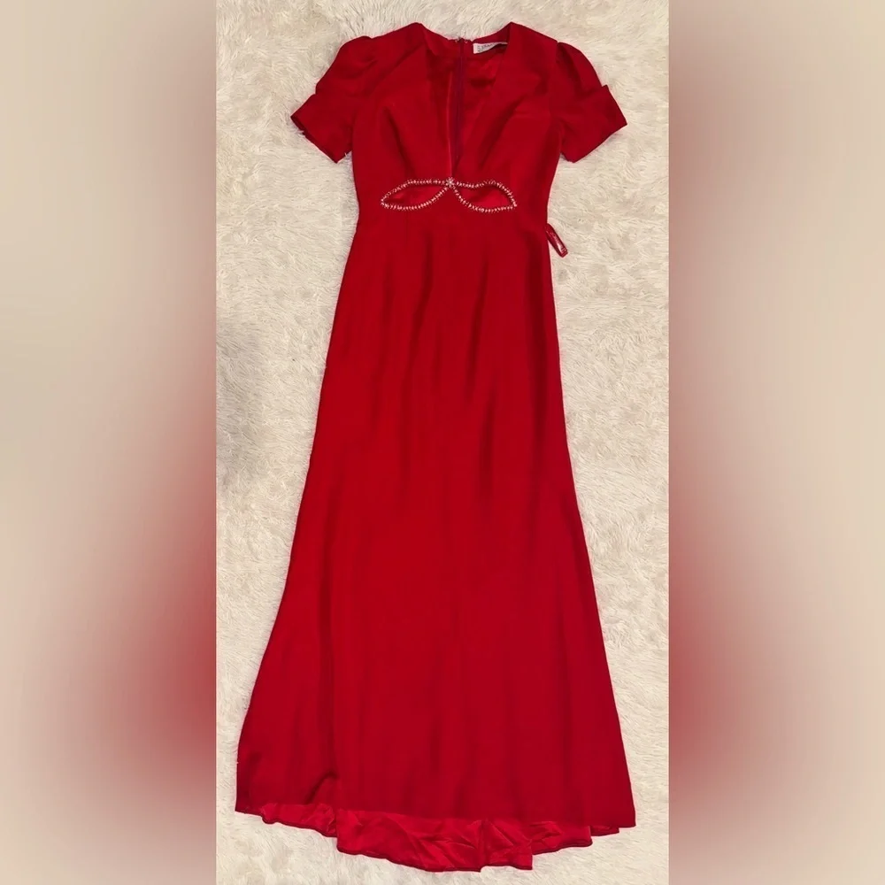 NWOT Mac Duggal 2630 Plunge Neck Embellished Cut Out Gown Red Sz 8